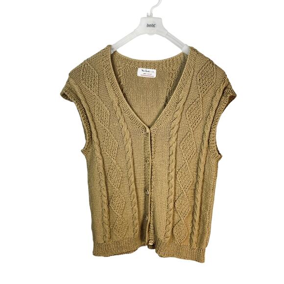 Vintage Handknit Tan Wool Cable Knit Sweater Vest Sleeveless Cardigan - Size XL - Picture 1 of 5